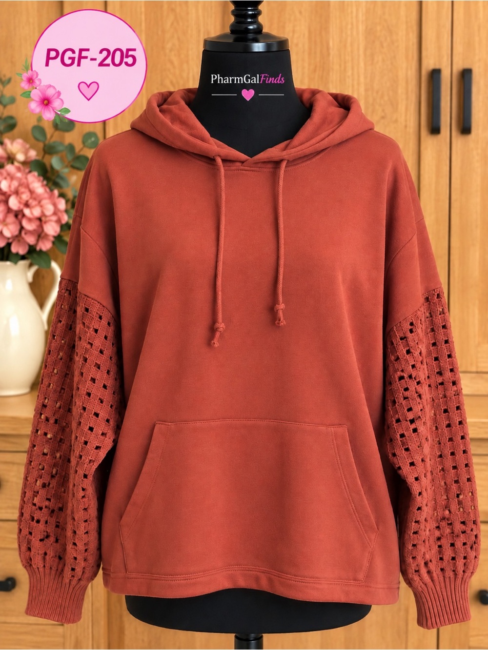Time and Tru Crochet Sleeve Hoodie Rust Orange XXXL 22 Relaxed Fit